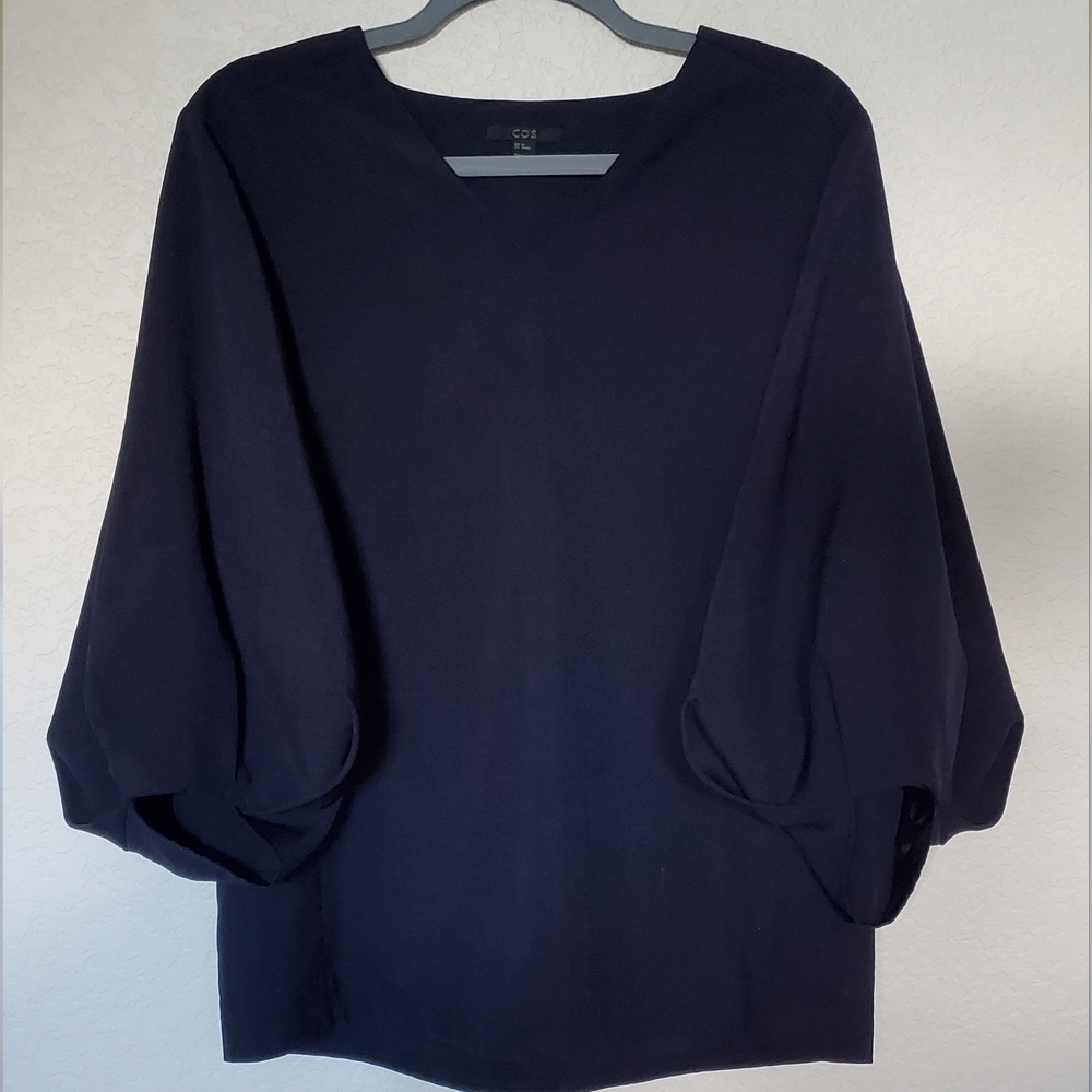 COS Slip Over, Voluminous Sleeves, V-Neck Blouse Top, Navy Oversized Small